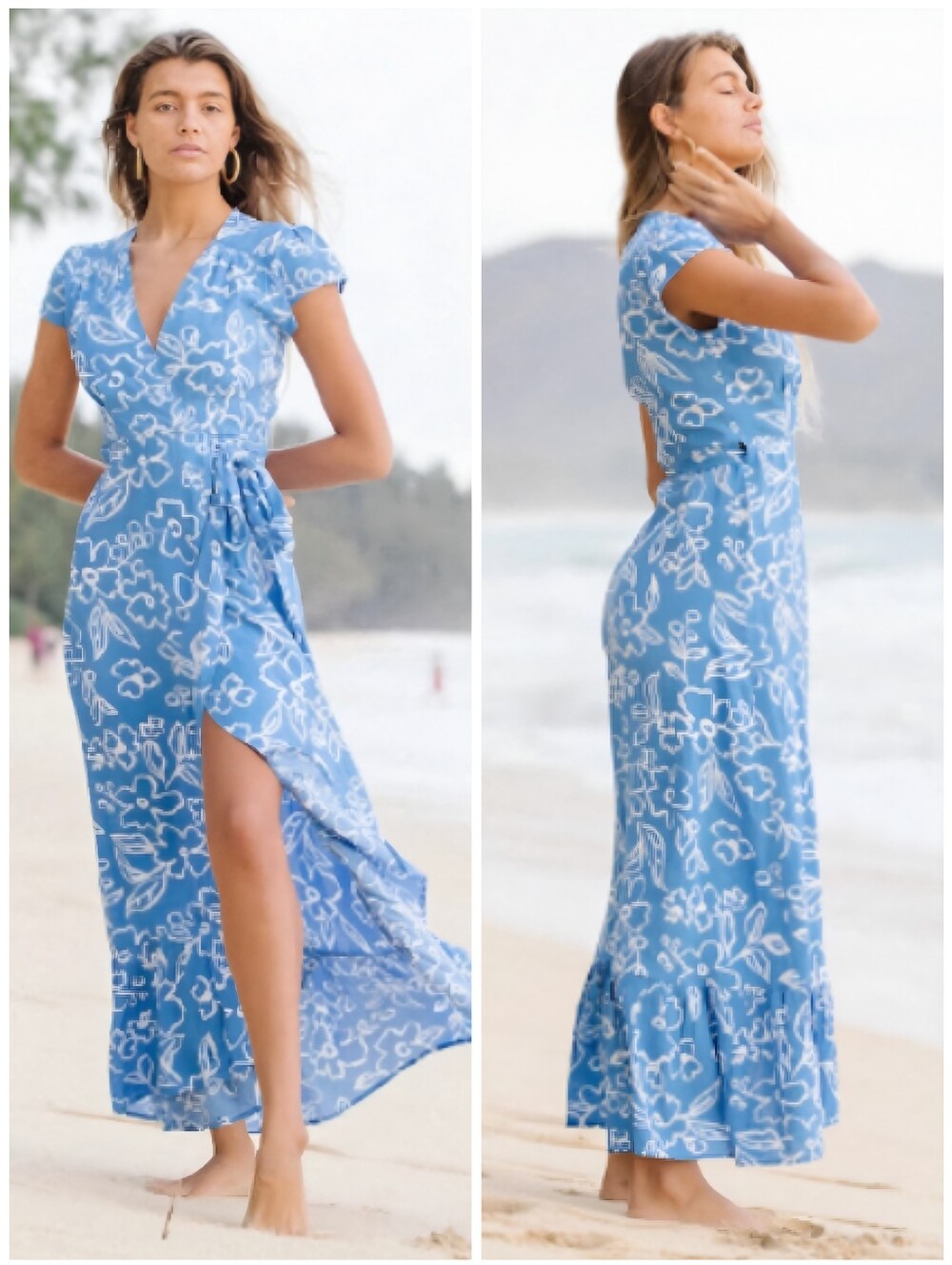 XIX Palms Tropical Floral Blue White Wrap Maxi Dress, L